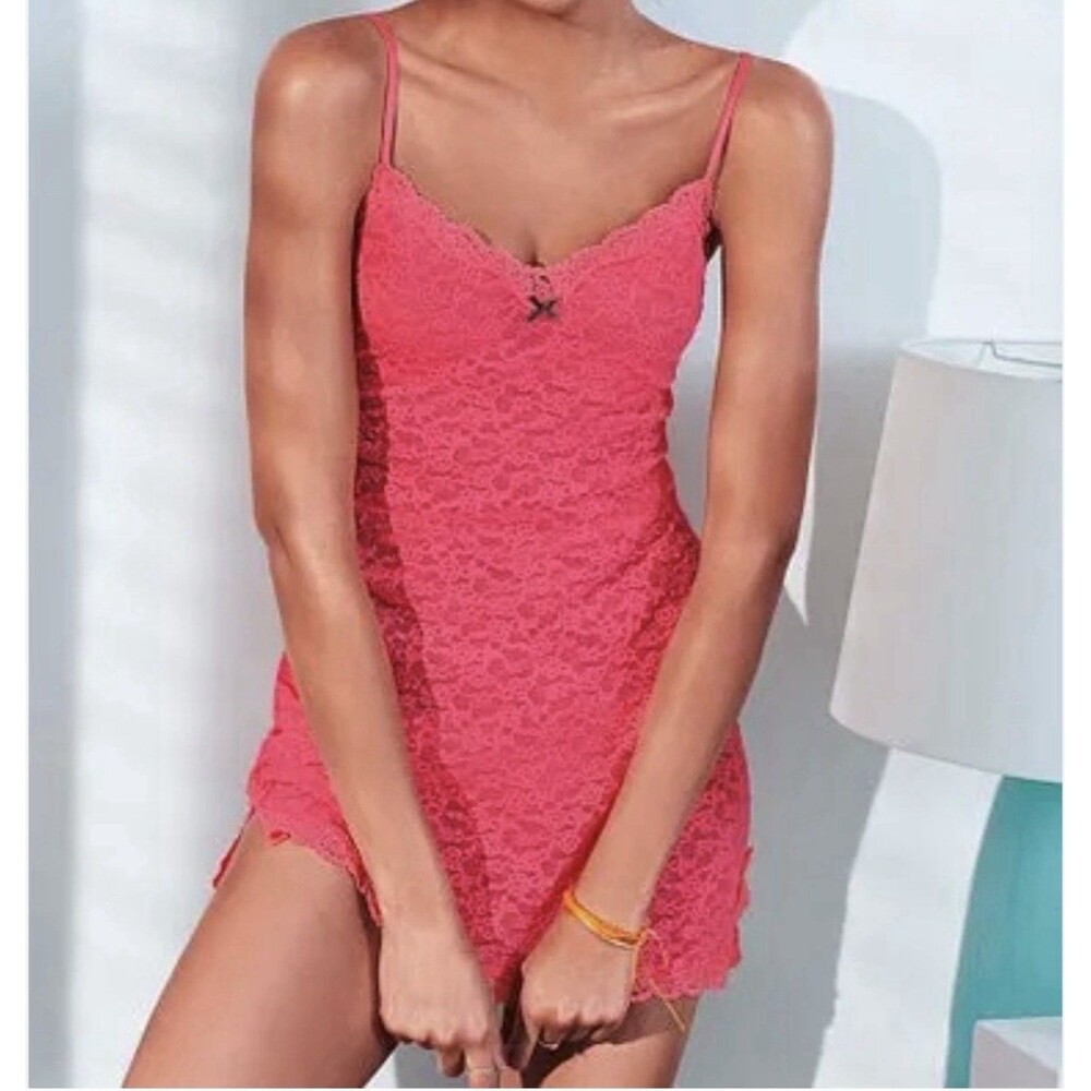 Victoria's Secret Chemise Sexy Little Thing Neon Pink Stretch Lace Sheer Women L